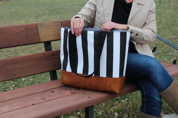 Extra Large Lulu Tote Diaper Bag -SALE-  Black Stripe and PU Leather - READY to SHIp Shoulder Straps 7 pockets Nappy Bag Washable