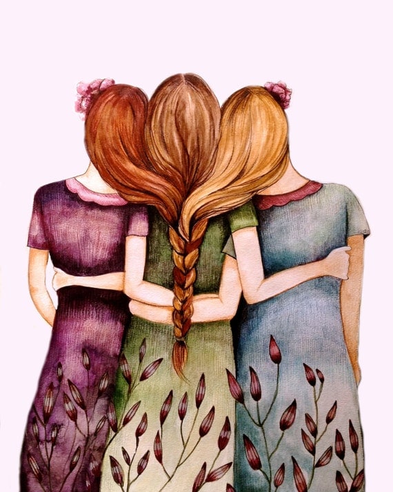 Three sisters best friends with brown hair art print
