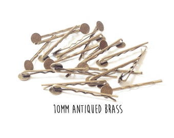 10 pieces - Antiqued Brass - Bobby Pins - 10mm - 2 inch length - Round Pad - Antique Bronze