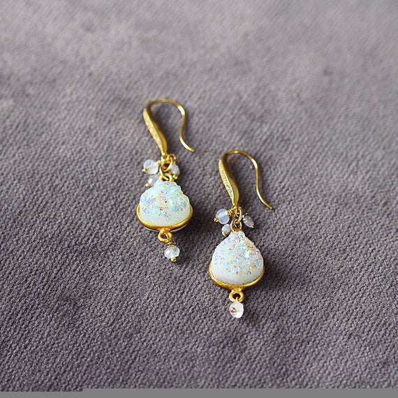 Druzy Statement Earrings - Druzy, Diamond and Moonstone Earrings
