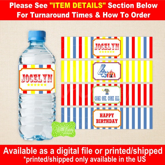 Circus Water Bottle Labels - Carnival Water Bottle Wraps - Carnival Bottle Labels - Emailed & Shipped Available Il_570xn