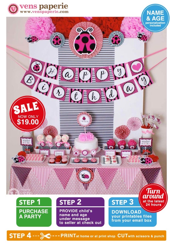 Pink Lady Bug Birthday Party Package Personalized FULL Collection Set - PRINTABLE DIY - PS815CA2x Il_570xn
