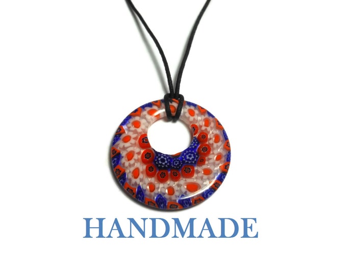 Millefiori glass pendant, 40mm round blue orange and white flowers, orange and white daisies, round go-go black cord, silver plated findings