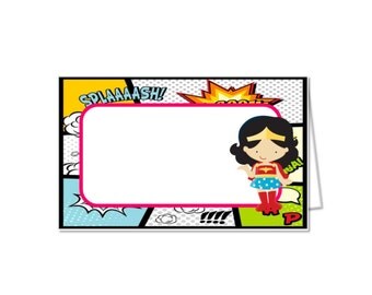 DIY Girl superhero inspired food tent, girl superhero party, girl superhero birthday, Superhero food labels