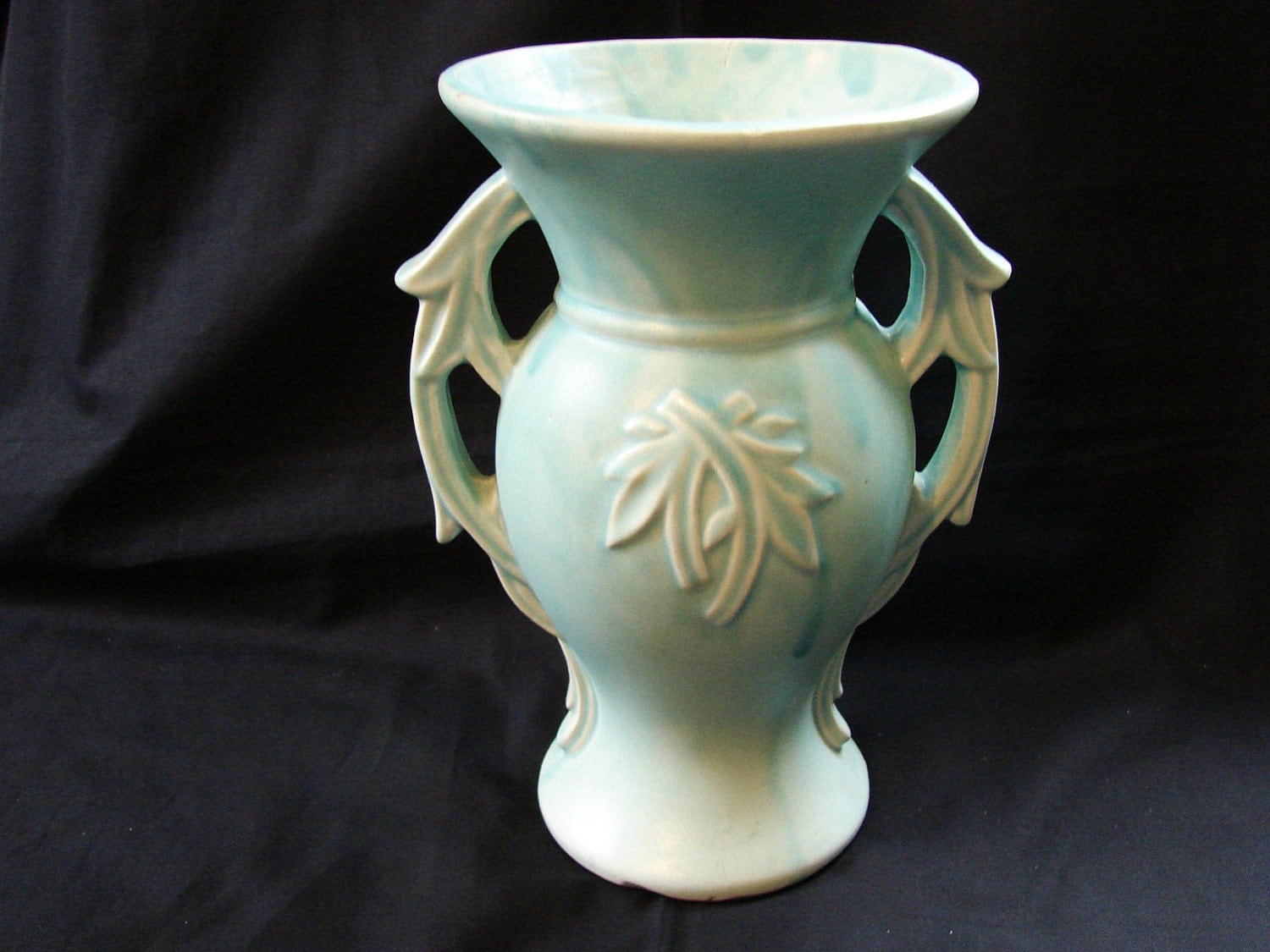 Vintage 1940s McCoy Pottery Vase 9 Turquoise 2 Handle