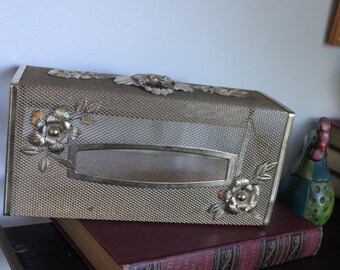1960s Vintage Tissue Box cover Metal Mesh with Leaves and Roses, Flowers Gold, tissue box cover, gold floral tissue holder