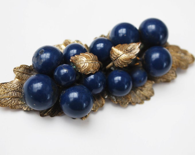 Leaf Berry Brooch - flower - Gold Brass leaves - Blue Berries Grapes Pin - Victorian Bar Brooch