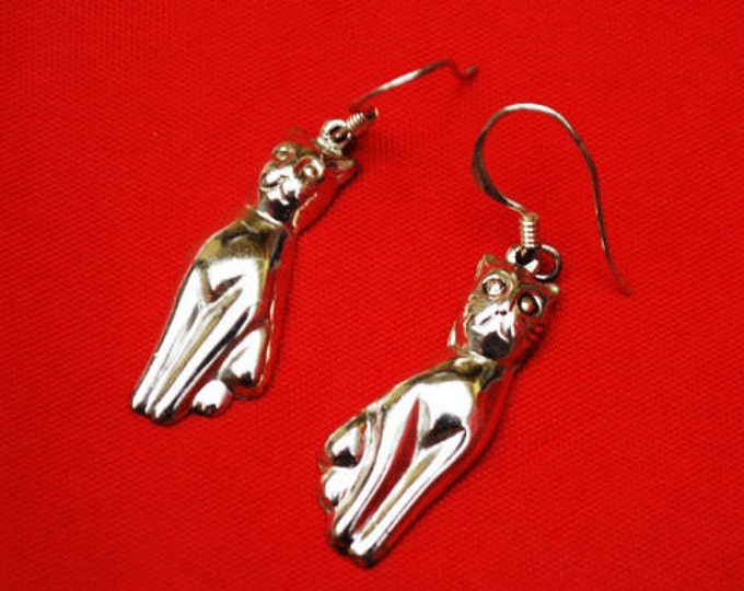 Sterling Silver Cat earrings dangle drop pierced