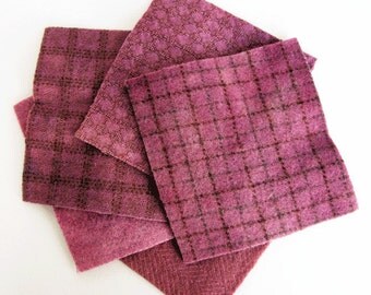 Hand Dyed Felted Wool Fabric in Plum, Purple, and Lilac 5" x 5" Wool Charm Pack of 5