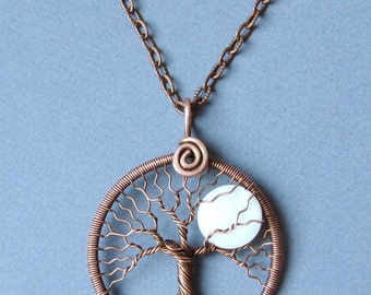 Necklace Full Moon copper tree-of-life pendant White moon pendant Gift for her wedding Copper anniversary gift for wife Diameter 1.7" MW15