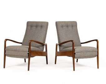 Danish Modern / Mid Century Reclining Lounge Chairs — Mahogany Frames w/ Grey Textile — Pair