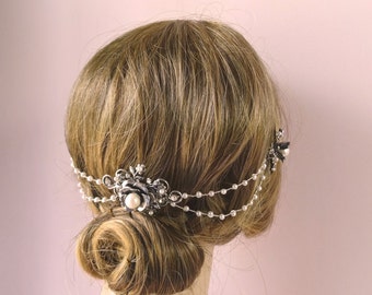 Pearls and Crystal bridal headpiece, Romance wedding hair chain, wedding hair piece accessories, bridal hair jewelry Style 329