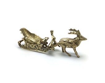 Vintage Brass Reindeer Sleigh - Gold Christmas Decor - Stag Deer Woodlands - Ornate Candy Dish - Hollywood Regency Table Top Mantel - Santa