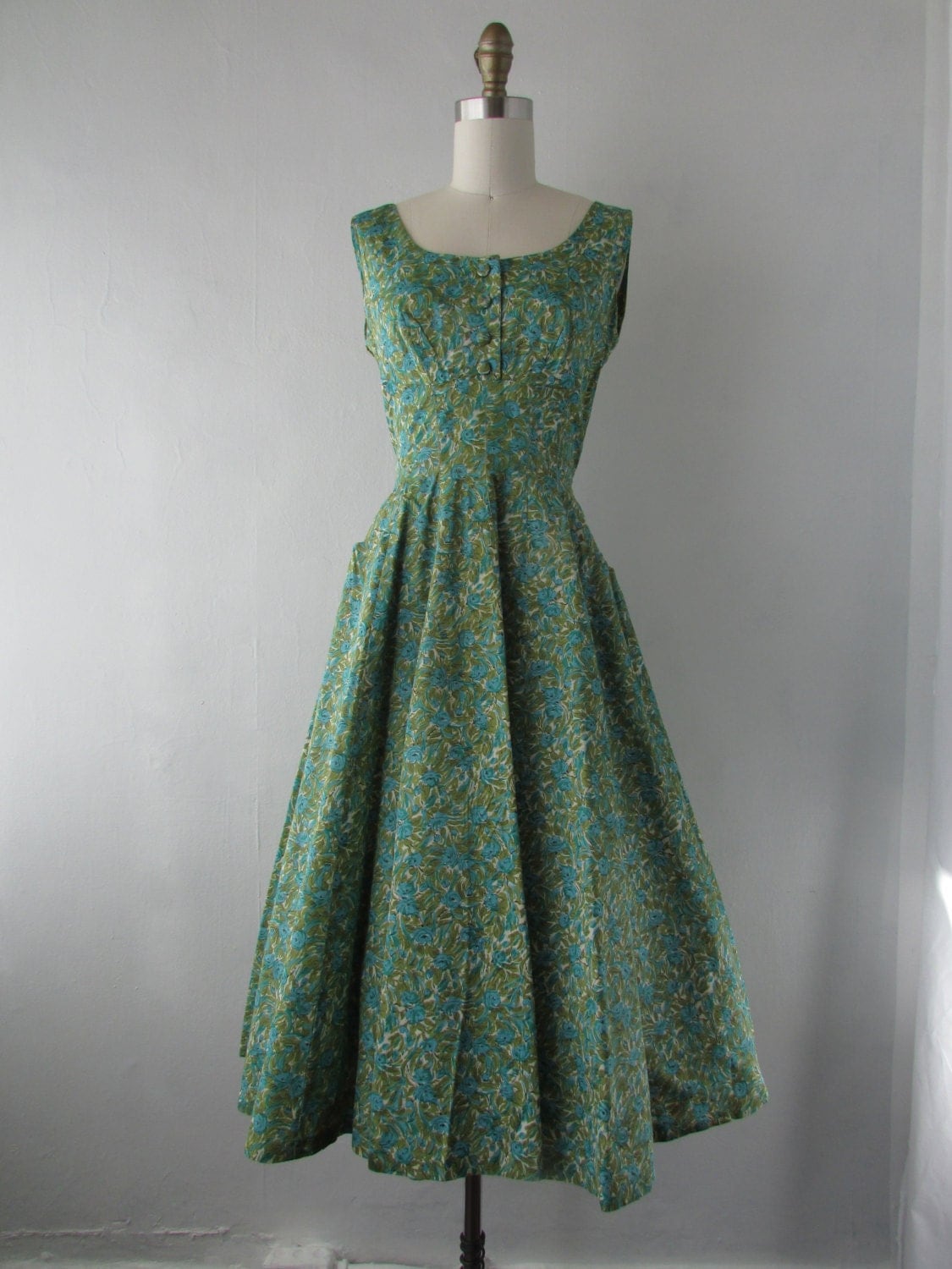 1950s day dress 1950s blue and green floral dress Small