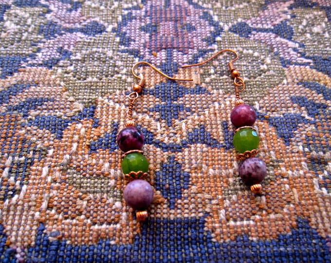 Peridot & Rhodolite Gemstone Bead Earrings, Natural E161