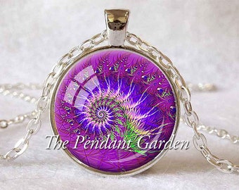 SACRED GEOMETRY PENDANT Fractal Jewelry Flourish Swirls Fibonacci Spiral Swirl Jewelry Aqua Necklace Violet Pink Green Fractal Pendant