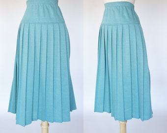 1980s teal pleated skirt, high elastic waist, tea length, Alfred Dunner, medium, large