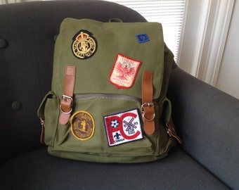 Unique Khaki Backpack With Travel And Scout Patches Unique Khaki Backpack With Travel And Scout Patches