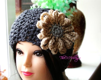 Grey Crochet womens headband, Earwarmer, Crochet headband flower for winter