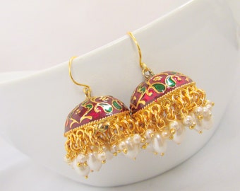 Red and Green Small Ethnic Indian Pearl Earrings