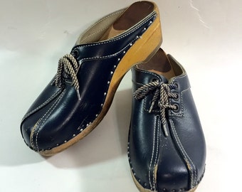 Bastad Original Navy Blue Leather Wooden Clogs Ladies Euro Size 36 Us size 5.5 - 6 made in Sweden