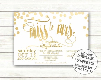 Miss to Mrs Gold Bridal Shower Invitation Printable | Wedding Shower Bachelorette | Gold Foil Glitter Swirl | Instant Download editable PDF