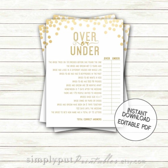 Over Under Bridal Shower Game Modern Wedding Shower Game
