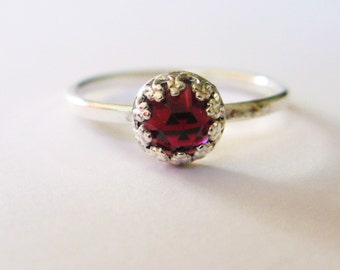 Rose cut Garnet ring-6mm sterling silver garnet ring-thin band silver ring with natural garnet