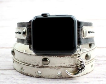 Black and White Apple Watch Band with Moon Charm, Leather apple watch band 38mm women, Leather apple watch band 42mm women, Apple Wrap Watch