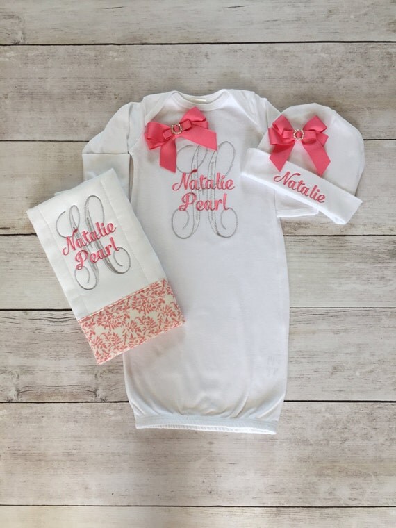 Personalized Baby Girl Newborn Gown Cap and burp cloth set.