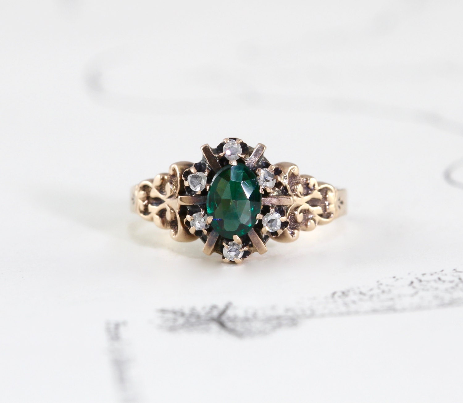 Antique Emerald Paste & Rose Cut Diamond Ring Victorian 10k