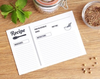 Printable Vintage RECIPE CARD - Editable - Script Lettered - Wooden Spoon - Fillable - Black and White