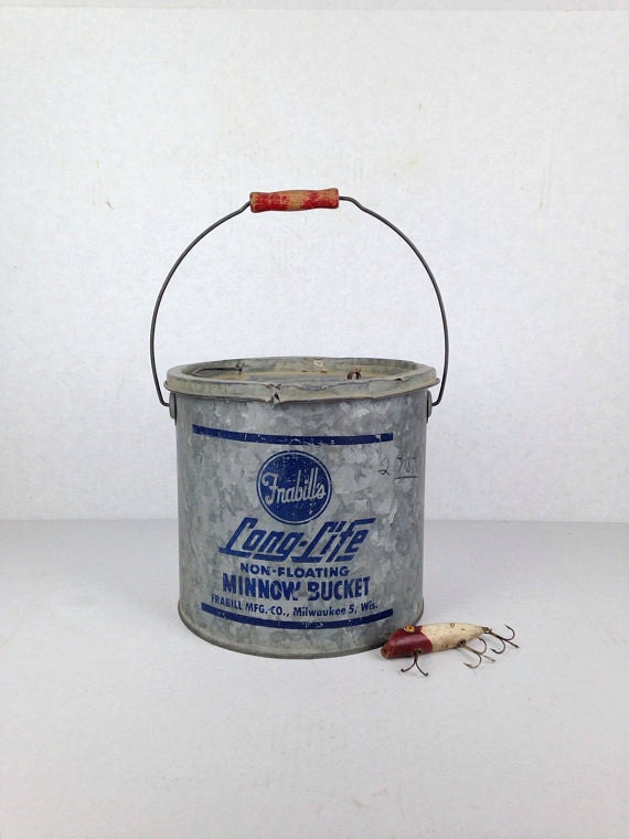 Vintage Galvanized Minnow Bucket Red Nautical Fishing Bucket