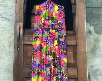 Vintage 60's Mod Black and Novelty Tree Print Long Sleeve Maxi Dress Groovy Gown
