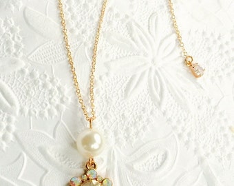Bridal Necklace,14K Rose Gold Filled Vintage Inspired Bridal Pendant,AB Crystals,AAA Swarovski Pearl of Your Choice,Wedding Jewelry