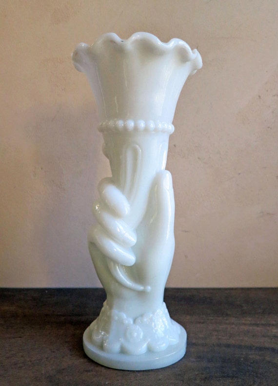 Items similar to Milk Glass Hand Vase, Victorian Posy Vase with Pontil, Cornucopia Hand Vase on Etsy