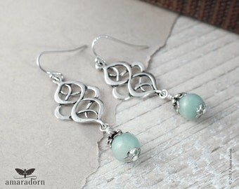 Amazonite Earrings, Seafoam Earrings, Mint and Silver Celtic Earring, Pagan Gemstone Earings, Organic Knot Earrings, Handmade UK