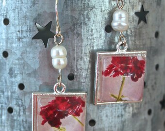 Purple Geranium Flower Floral Earrings Silver Finish Freshwater Pearl Pierced Ear Dangle Earrings