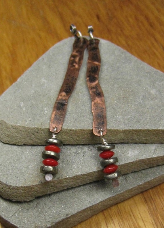 Long Hammered Copper Earrings / Organic Copper Earrings / Long