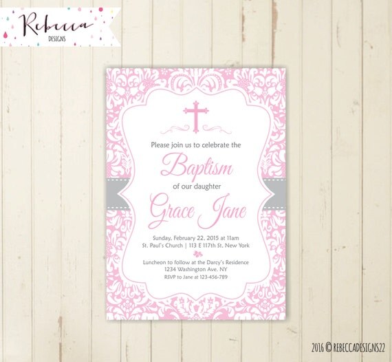 pink baptism invitation girl first communion christening invitation
