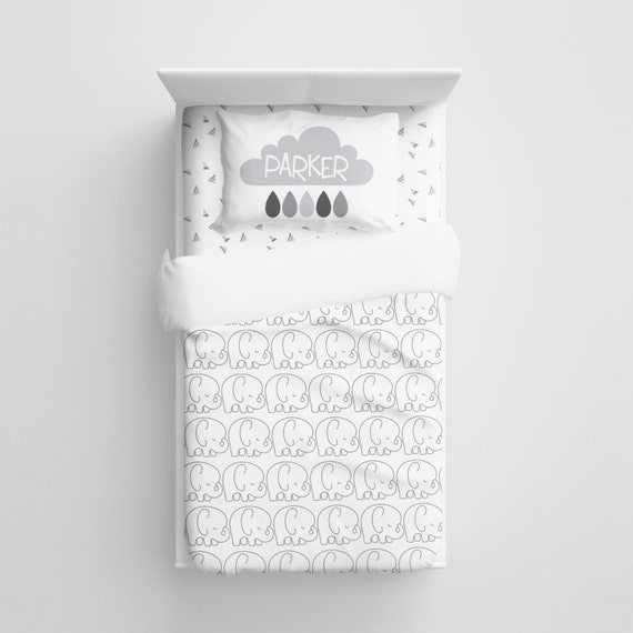 Personalized Minimal Gray n White Sleepy Elephants Kids Bedding