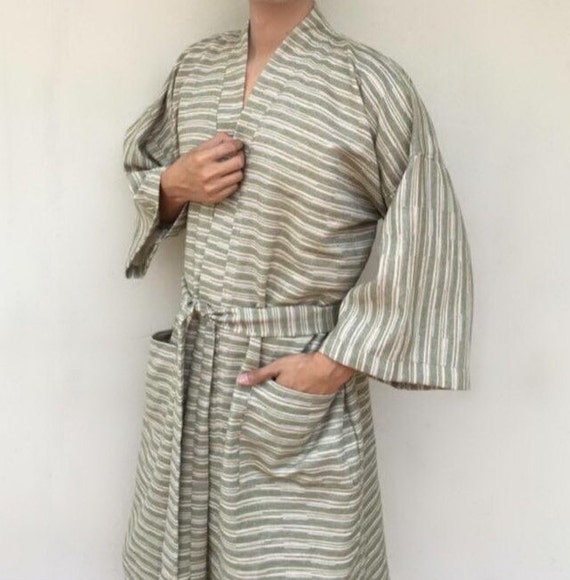 Green Striped Kimono Robe Robe BathRobe Long Robe Cotton