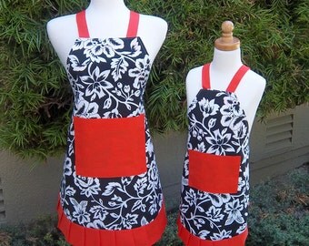 Mother Daughter Apron Set Handmade Vintage Style Apron Black Floral and Orange