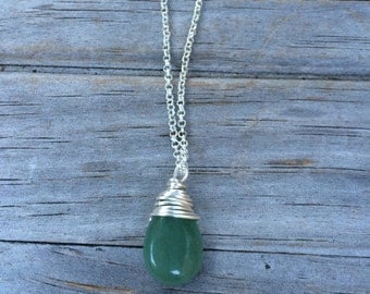 Wire Wrapped Aventurine green stone necklace, Tear Drop Crystal Necklace, Green Necklace, Jewelry, Stone Necklace