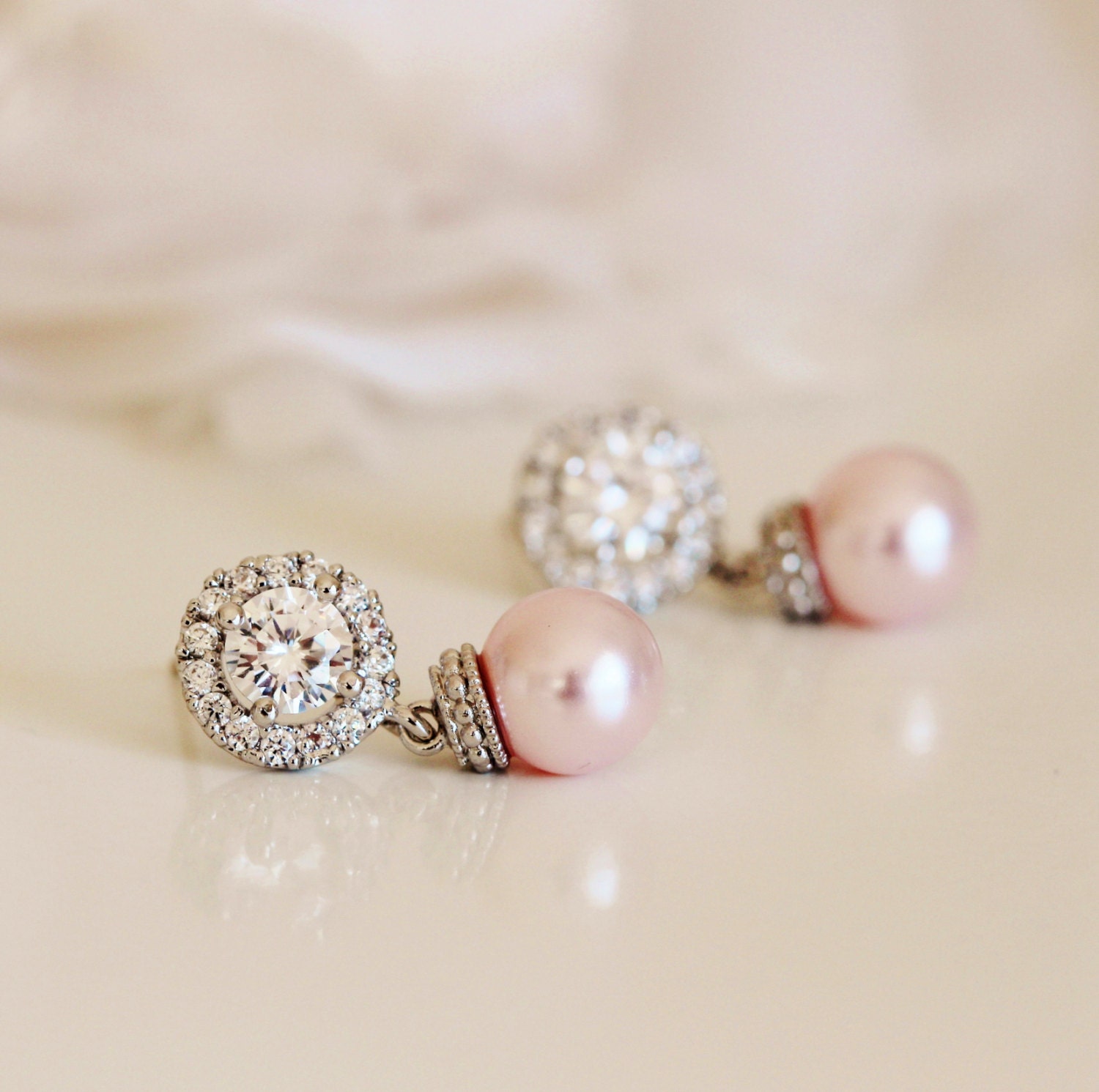 Blush Pink Earrings Pearl Wedding Jewelry by DreamIslandJewellery
