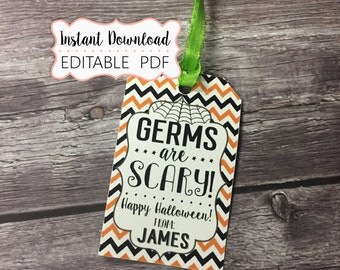 INSTANT DOWNLOAD - Germs are Scary - Halloween Gift Tags - Editable PDF - Soap Tags - Hand Sanitizer Tags - School Halloween Tags