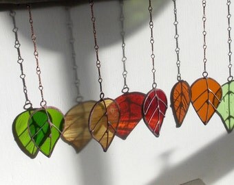Stained Glass Sun Catcher 'Spring Leaves' Hanging Wind Chime/Mobile Window Glass Art. Natural Wood Branch.Birthday Gift 12"x 12" OOAK