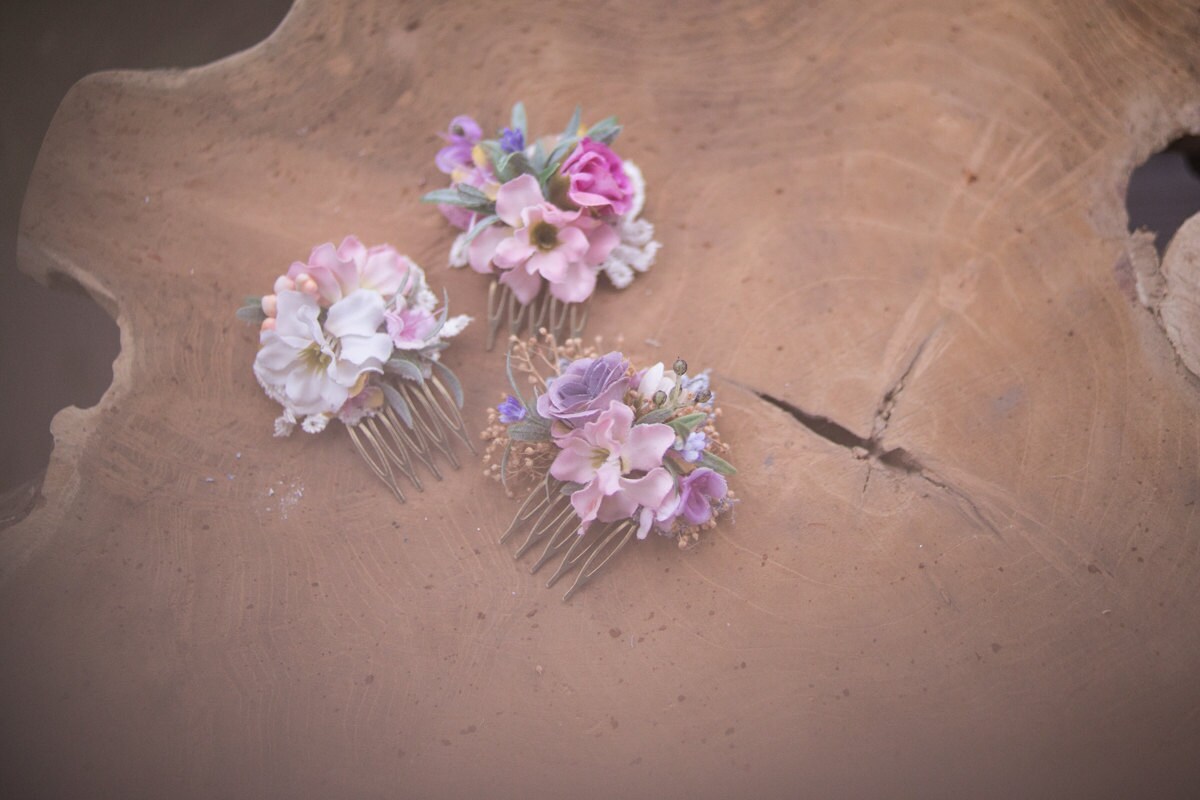 Mini Hair comb floral pink cream flowers wedding comb bridal