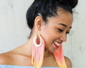 Hand dyed Ombre Orange Yellow Tassel Earrings, Birthday Gift Statement Earrings For Her, Extra Long Fringe Earrings for Boho Look / LEFT EYE