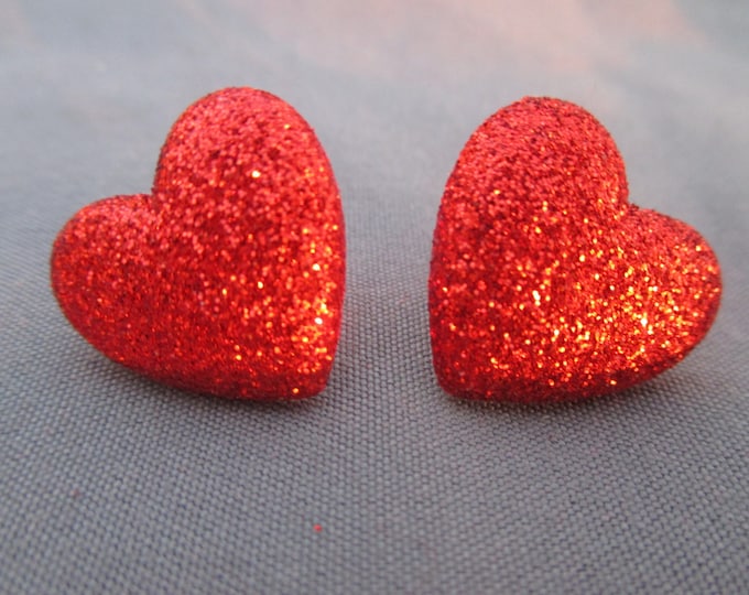 Valentine earrings-kids clip on earrings-heart jewelry-little girls dress up jewelry-heart studs-glittery hearts-nickel free-sterling silver